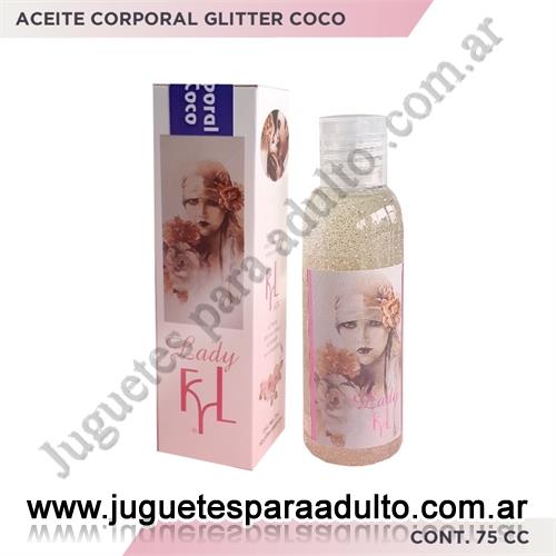 Aceites y lubricantes, Lubricantes aromatizados, Aceite corporal con Glitter y aroma a coco 75cc